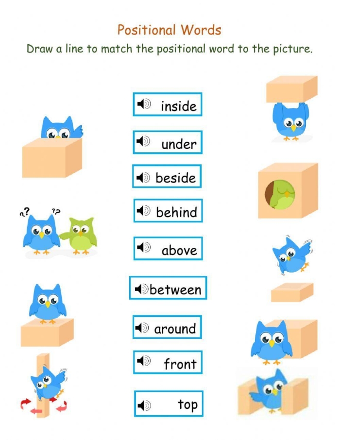 Positional Words Practice Activity 21 for Preschool Learning A preschooler learning positional words like in, on, under, and between with colorful illustrated objects and characters on a worksheet
