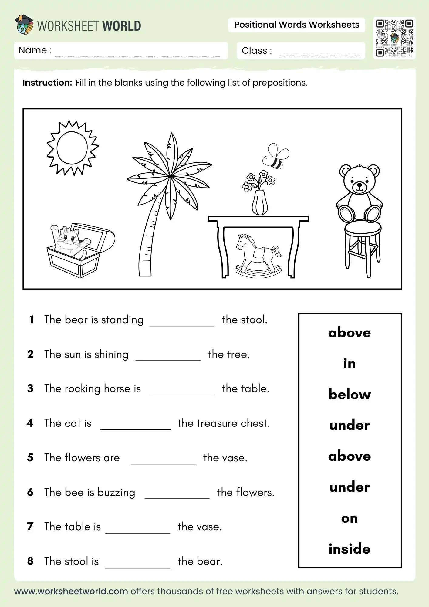 Positional Words Practice Activity 12 for Pre-K Learning Preschool worksheet showing positional word exercises with objects placed in different locations to teach prepositions