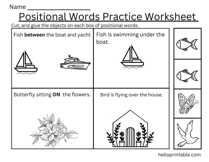 Positional Words Practice Worksheet Five for Preschoolers Pre-K worksheet helping children learn positional words through fun patterns and spatial exercises