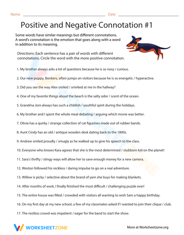 Sixth grade grammar worksheet focused on identifying words with a more positive connotation