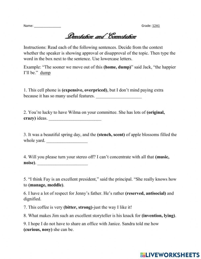 Worksheet for exploring positive connotations in words for sixth graders