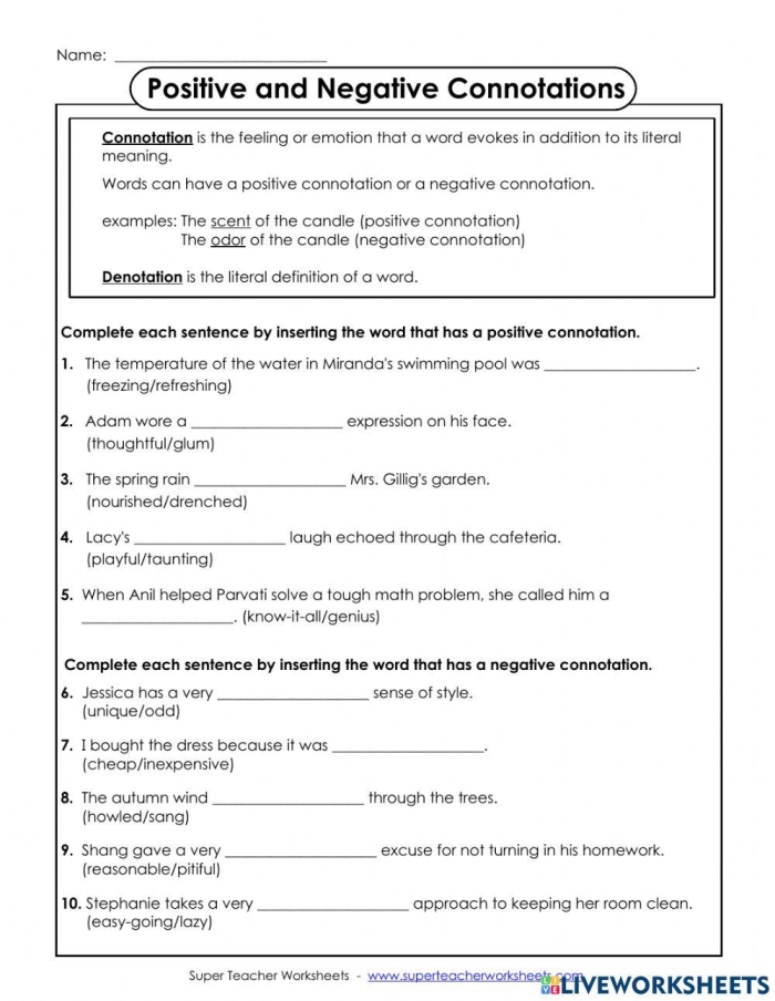 Worksheet for exploring positive connotations in algebra vocabulary for sixth graders