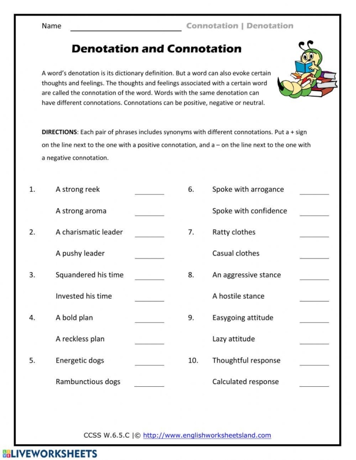 Worksheet focused on positive connotations for sixth-grade algebra students