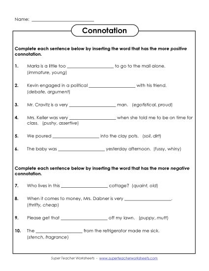 Worksheet for sixth graders on choosing words with positive connotations in algebra. Engaging Pick the Word With the More Positive Connotation exercise for students.