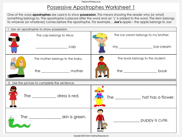 Third grade phonics worksheet demonstrating correct placement of possessive apostrophes in singular and plural nouns with examples like womens hats