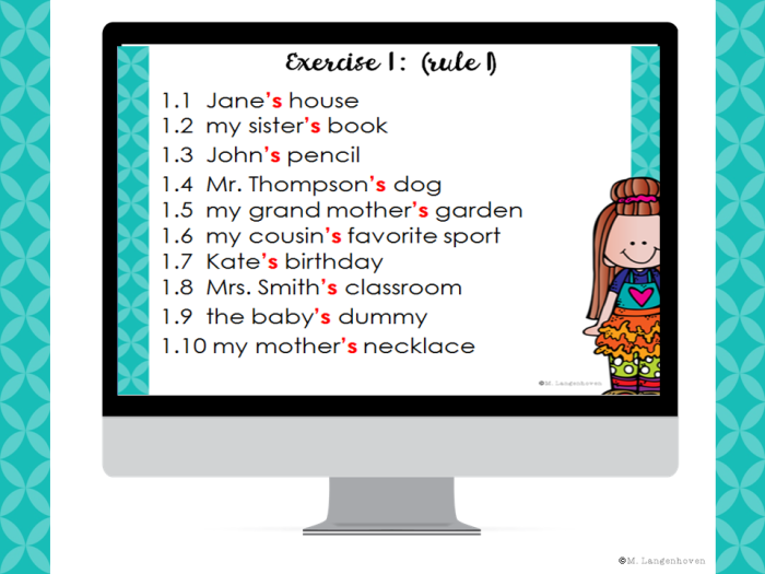 Third grade phonics worksheet demonstrating correct placement of possessive apostrophes in singular and plural nouns with examples like womens hats