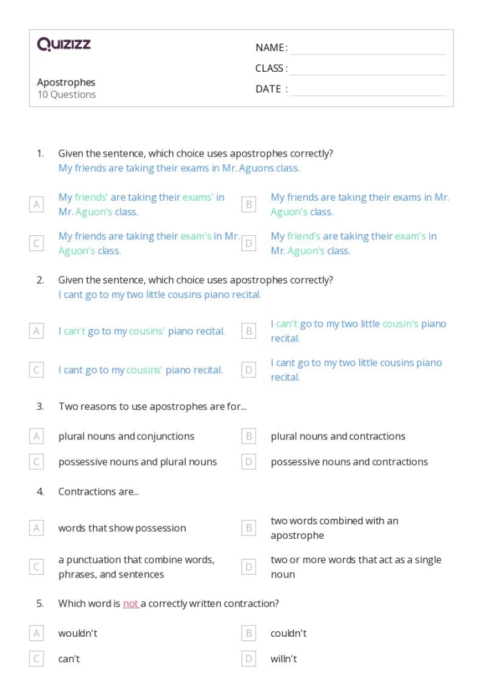 Third grade worksheet teaching students how to correctly place possessive apostrophes in plural and singular nouns