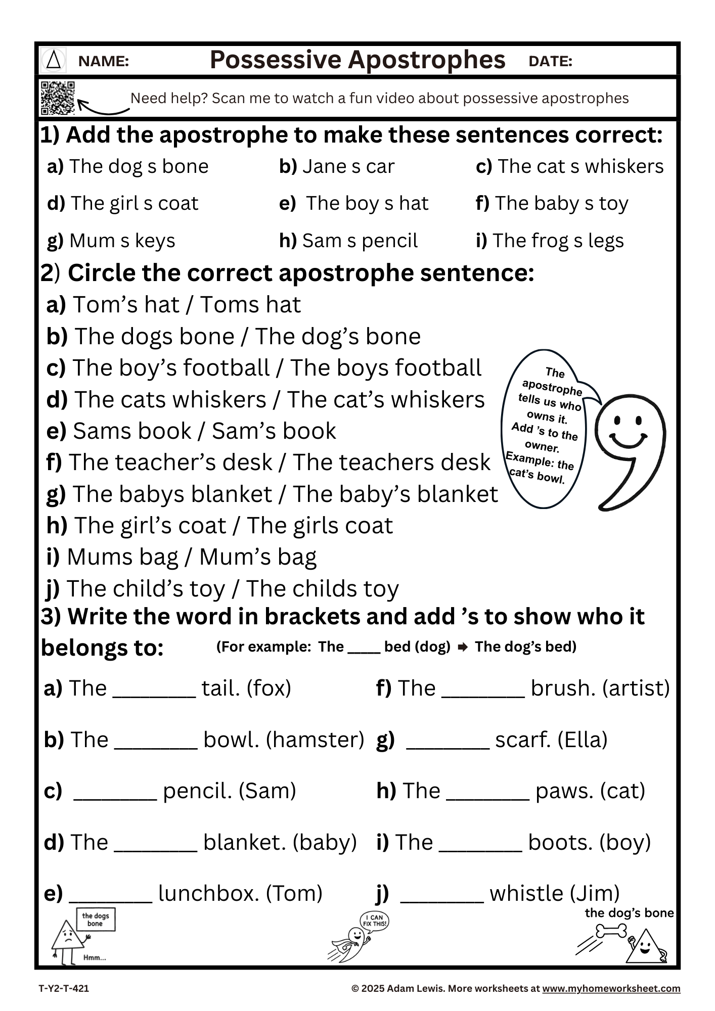Engaging educational activity for second graders on possessive apostrophes Colorful worksheet featuring Punctuation Pig to teach possessive apostrophes
