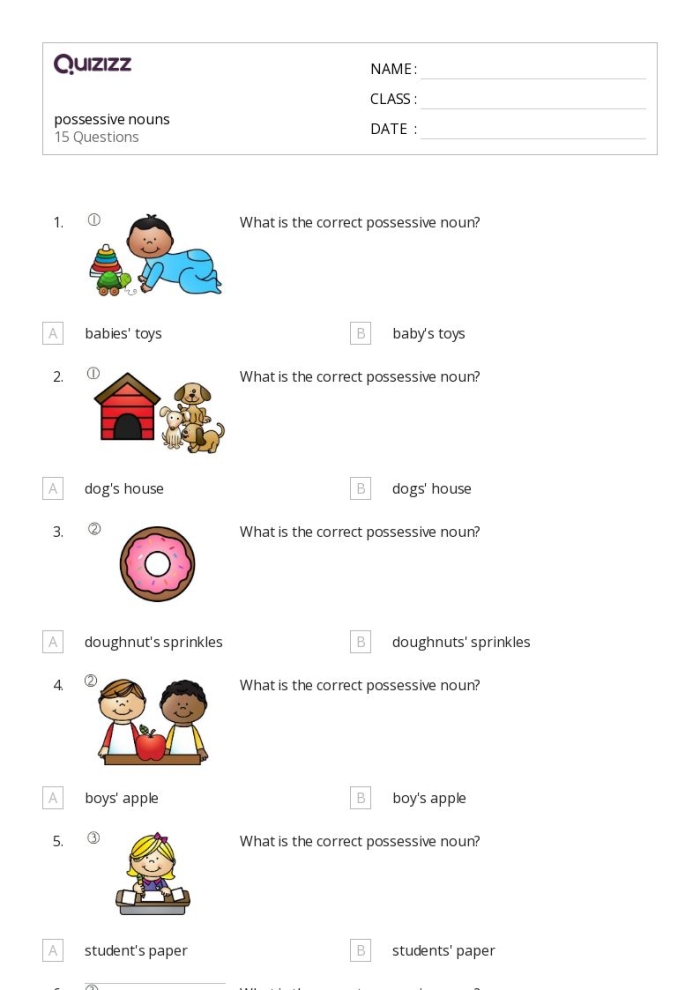 Third grade phonics worksheet demonstrating correct placement of possessive apostrophes in nouns with examples like womens hats versus womens hats