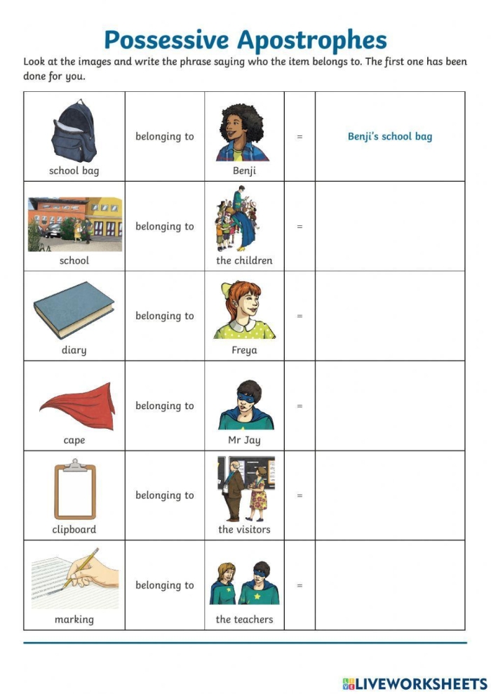 Engaging activity to improve handwriting and grammar skills with Punctuation Pig Colorful worksheet focusing on possessive apostrophes featuring Punctuation Pig for second graders