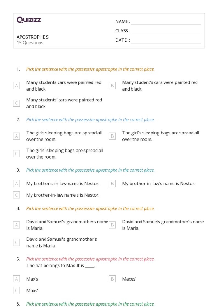 Third grade worksheet showing how to place possessive apostrophes in plural and singular nouns