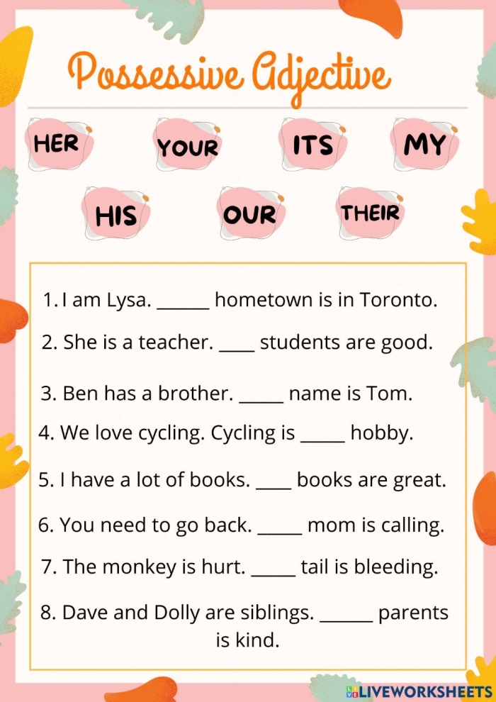 Worksheet featuring possessive pronouns to enhance grammar skills for third graders