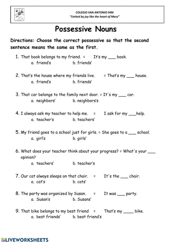 Third grade possessive pronouns grammar exercise sheet 20