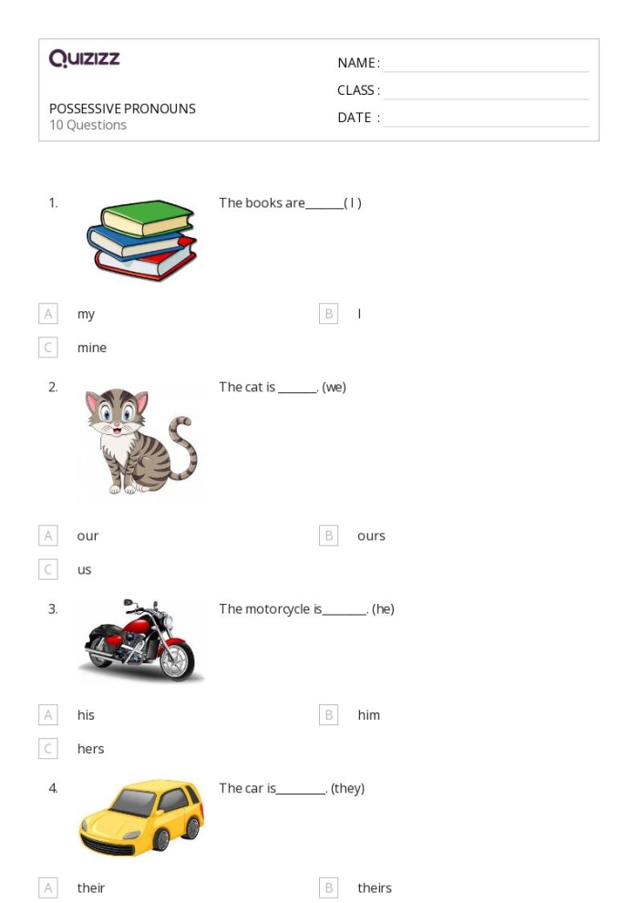 Worksheet featuring possessive pronouns to enhance third graders' grammar skills