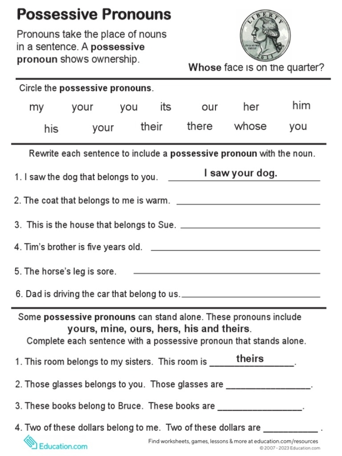 Third grade student completing a possessive pronouns grammar worksheet