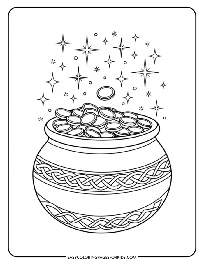 Pot of gold coloring page worksheet for kindergarten celebrating St. Patrick's Day. Fun and engaging activity for young children to learn about colors and money.