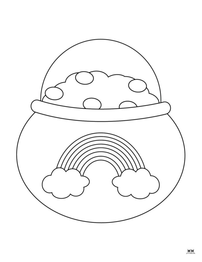 Colorful pot of gold coloring page worksheet for kindergarteners celebrating St. Patrick's Day