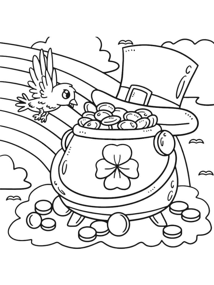 Coloring page featuring a pot of gold at the end of a rainbow, perfect for St. Patrick's Day fun for kindergarten kids