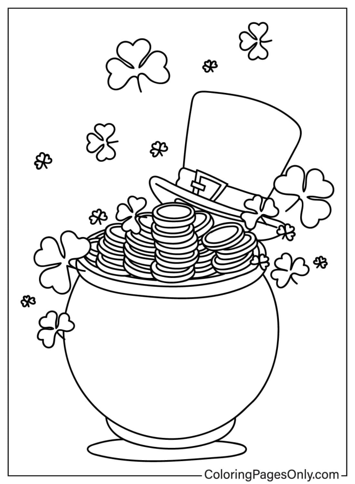 Coloring page of a pot of gold at the end of a rainbow for kids to celebrate St. Patrick's Day