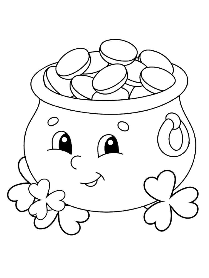 Coloring page featuring a pot of gold at the end of a rainbow for young learners