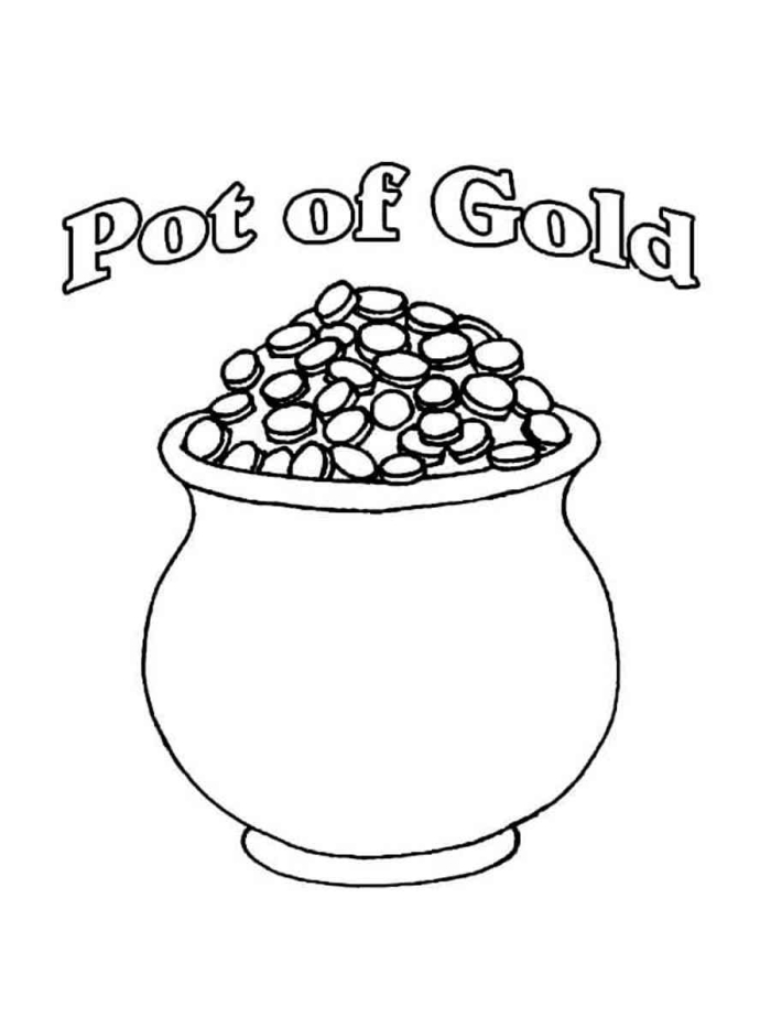 Coloring page featuring a pot of gold at the end of a rainbow for kids to celebrate St. Patrick's Day