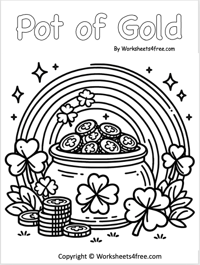 Kindergarten worksheet featuring a cheerful pot of gold at the end of a rainbow to color for St. Patricks Day