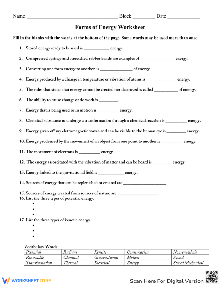 Engaging worksheet for sixth graders on changes in potential energy concepts