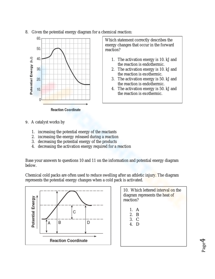Worksheet focusing on changes in potential energy for sixth-grade students