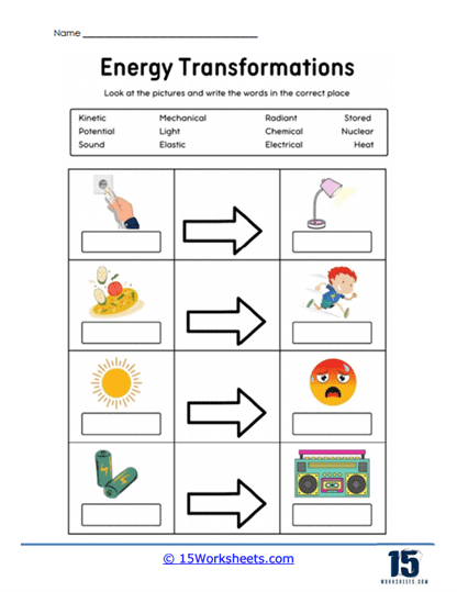 Sixth grade students identifying changes in potential energy on a physical science worksheet