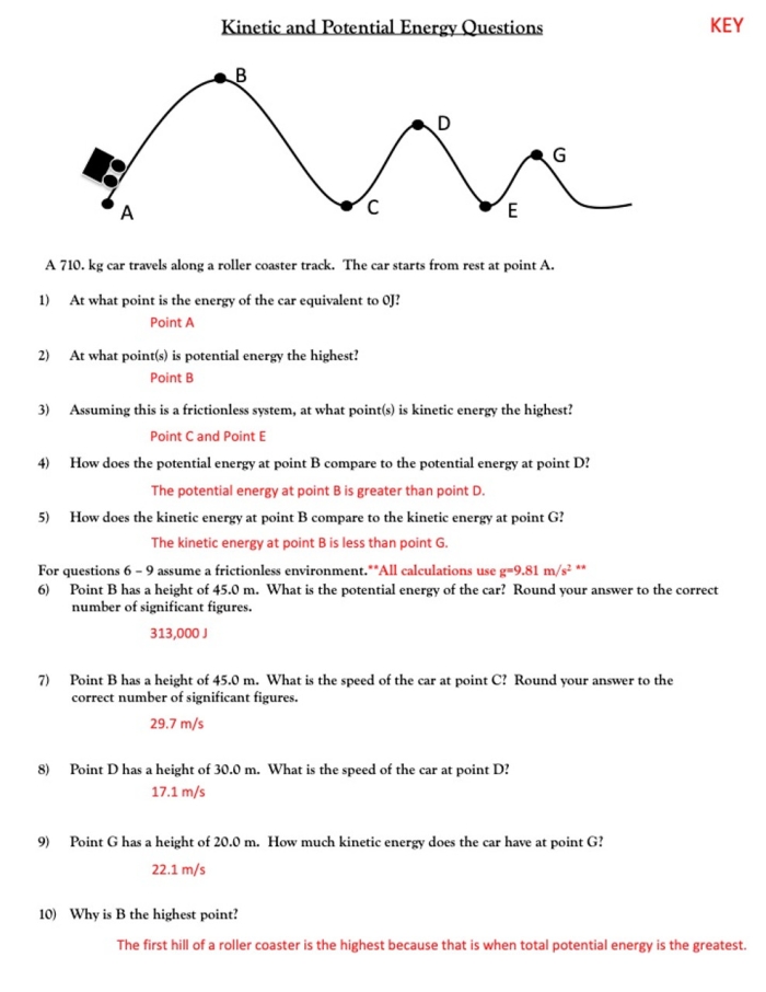 A sixth grade student completing a science worksheet about the principles of potential energy