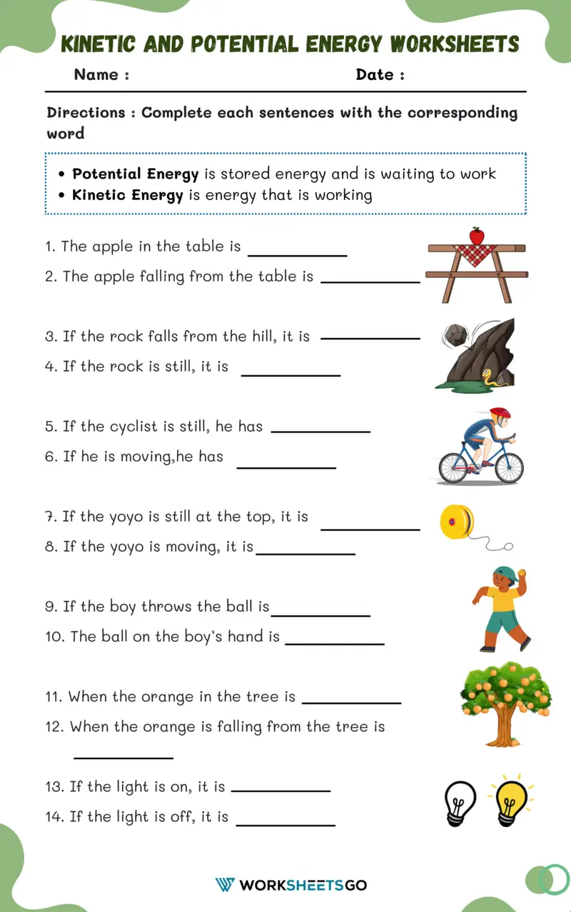 Worksheet illustrating potential and kinetic energy concepts for third graders