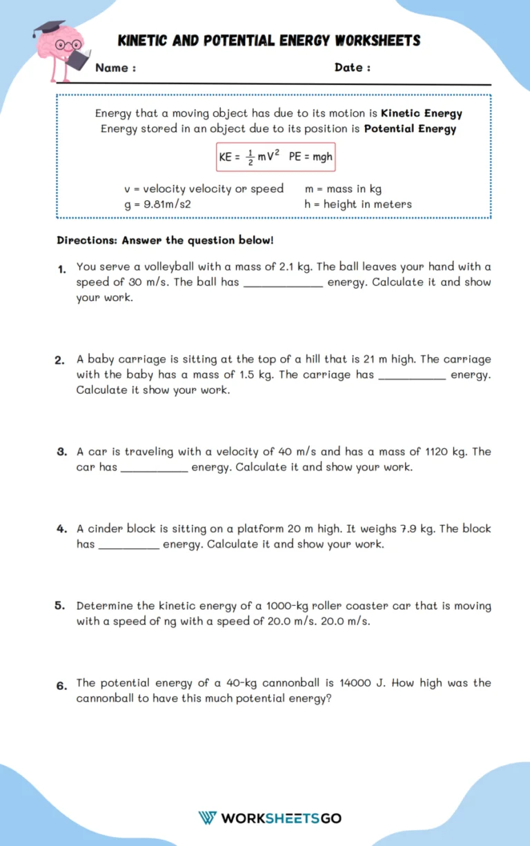 Potential and Kinetic Energy worksheet for third graders showcasing energy concepts