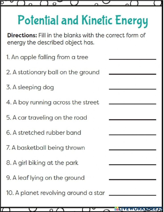 Worksheet illustrating potential and kinetic energy concepts for third graders