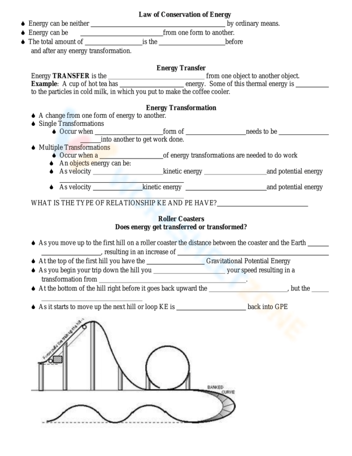 Third grade science worksheet explaining the core concepts of potential and kinetic energy