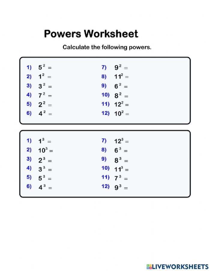 Worksheet illustrating the Power of a Power Property for eighth-grade students