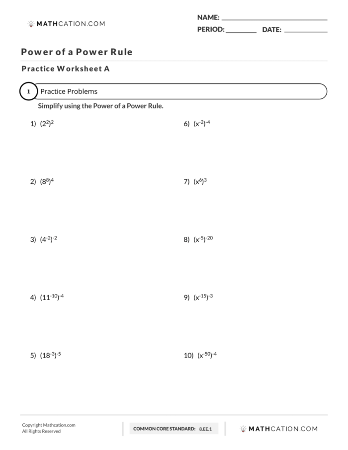Power of a Power worksheet for eighth-grade students practicing exponent simplification