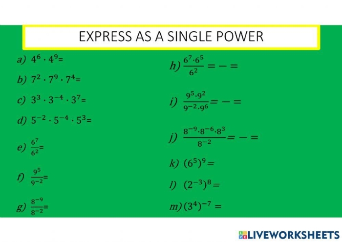 Power of a Power worksheet for eighth graders focused on simplifying expressions with exponents