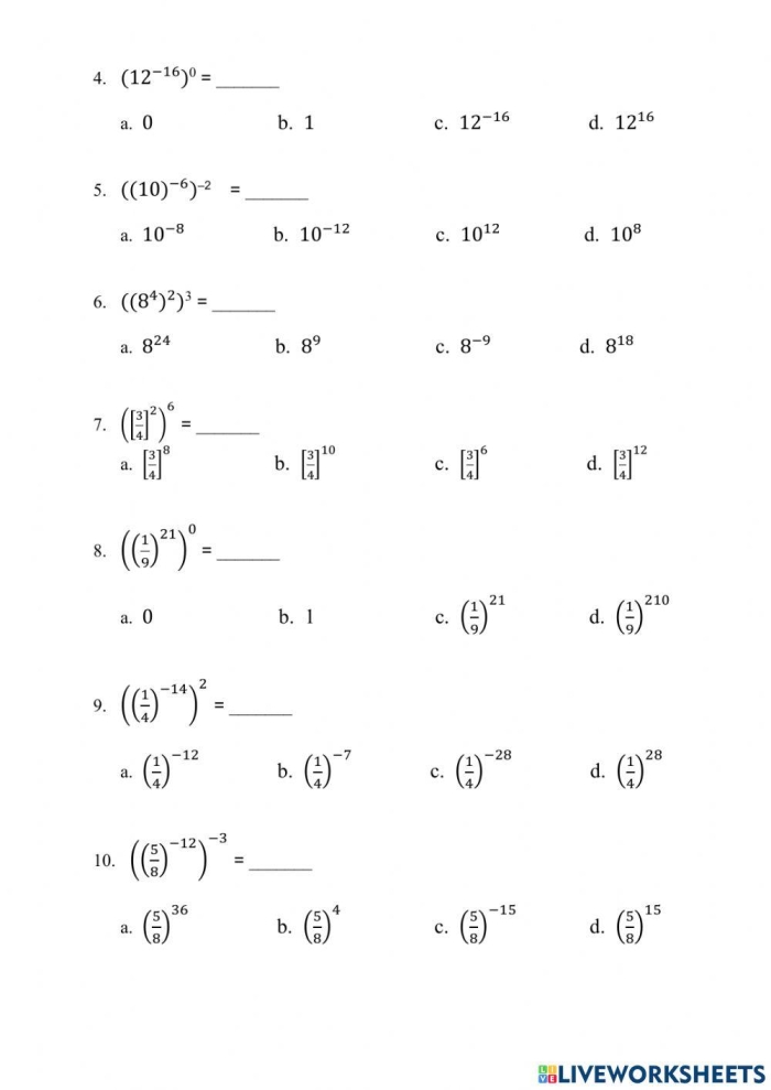 Power of a Power worksheet for eighth-grade students to practice exponent simplification
