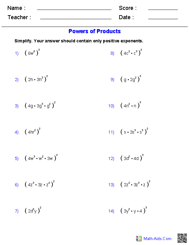 Power of a Power worksheet for eighth graders focusing on simplifying expressions with exponents