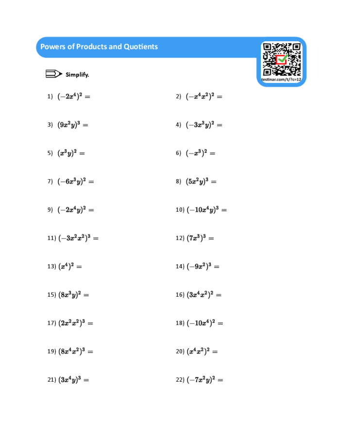 Power of a Power worksheet for eighth-grade students focusing on exponents and expressions