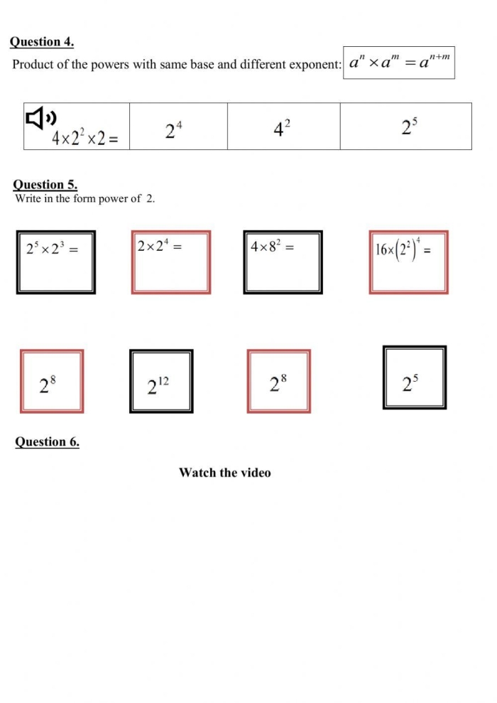 Eighth grade math worksheet focusing on simplifying algebraic expressions using the Power of a Power property.