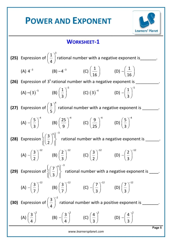 Power of a Power worksheet for eighth graders focusing on exponents and expressions