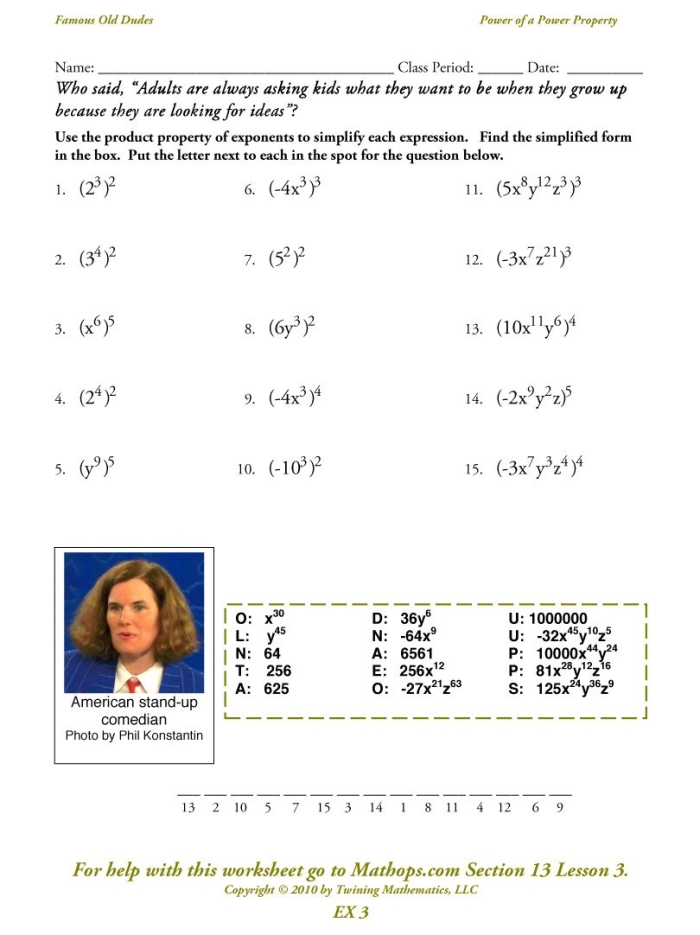 Power of a Power worksheet for eighth-grade students to practice simplifying exponent expressions