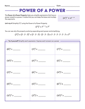 Eighth grade math worksheet showing exponents practice for the power of a power property