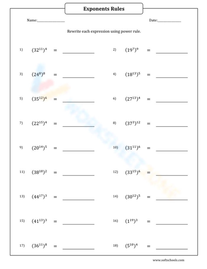 Eighth-grade worksheet focusing on the Power of a Power property for simplifying exponent expressions. Practice exercise for students to enhance their understanding of ratios and proportions.