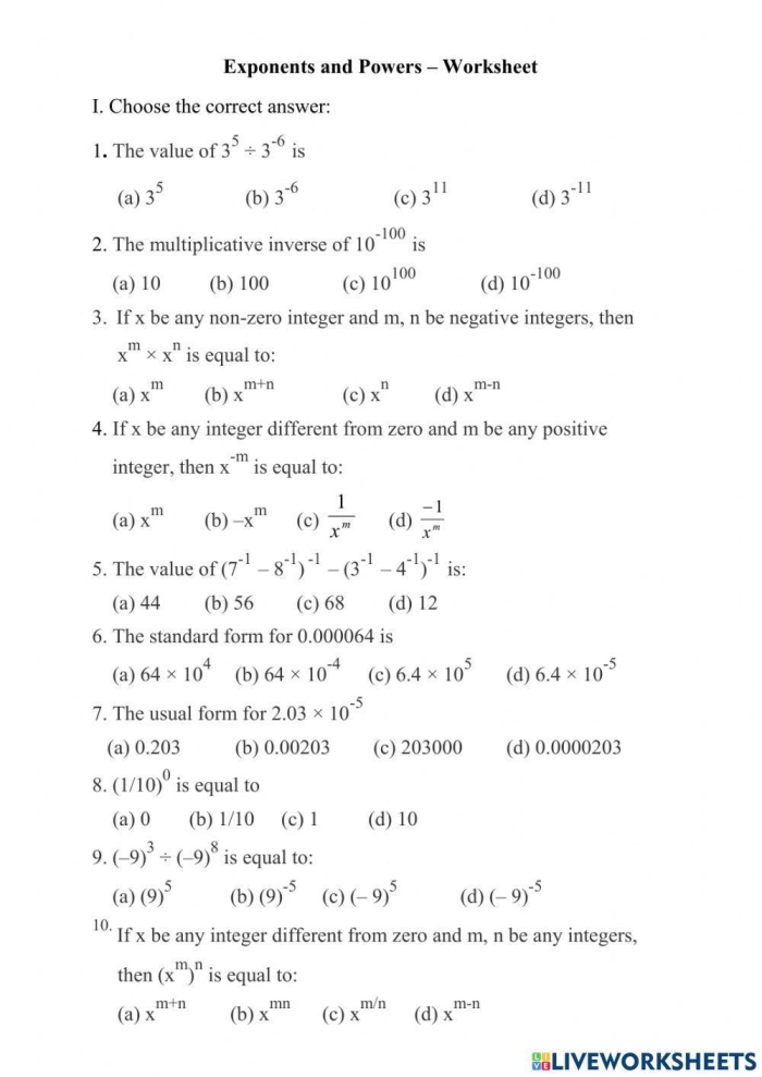 Eighth grade math students practicing exponent simplification using the Power of a Power worksheet