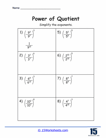 Eighth grade math worksheet focusing on the power of a power property for simplifying exponential expressions
