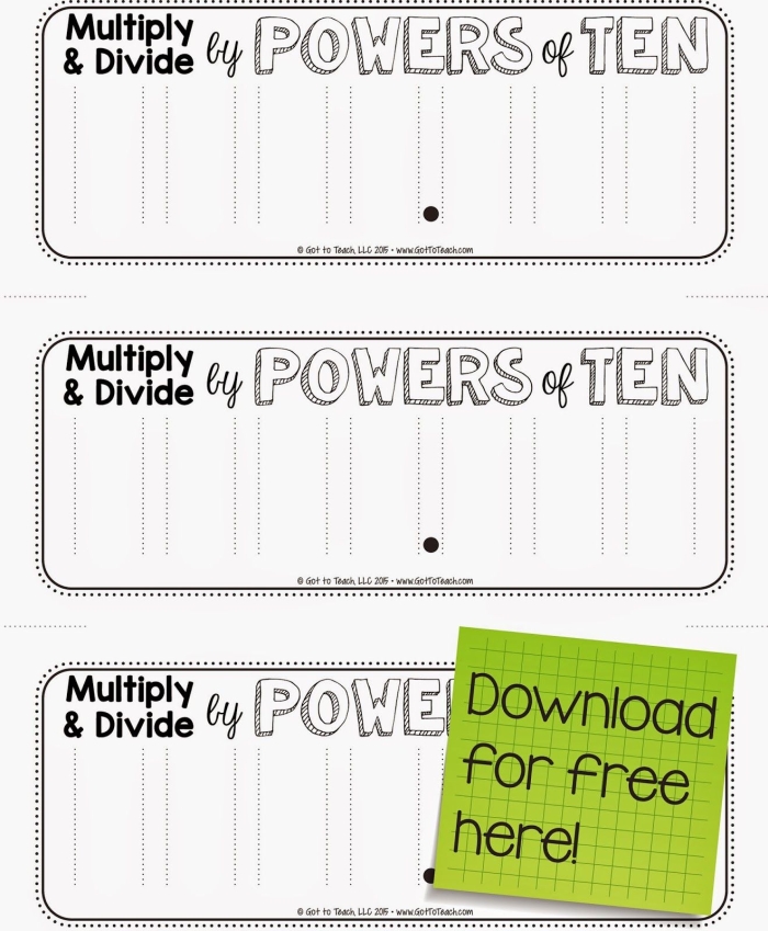 Fifth grade math worksheet for practicing multiplication and division with powers of ten and exponents