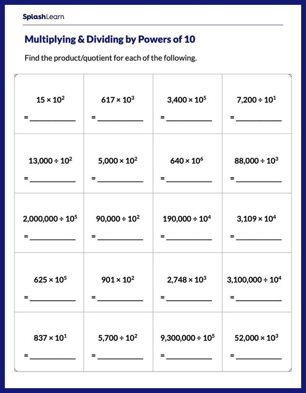 Worksheet for practicing multiplication and division with powers of 10 for fifth graders