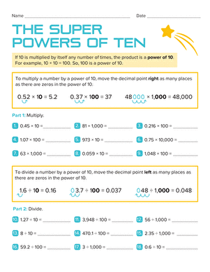 Fifth-grade students practicing multiplication and division with powers of 10 on a worksheet